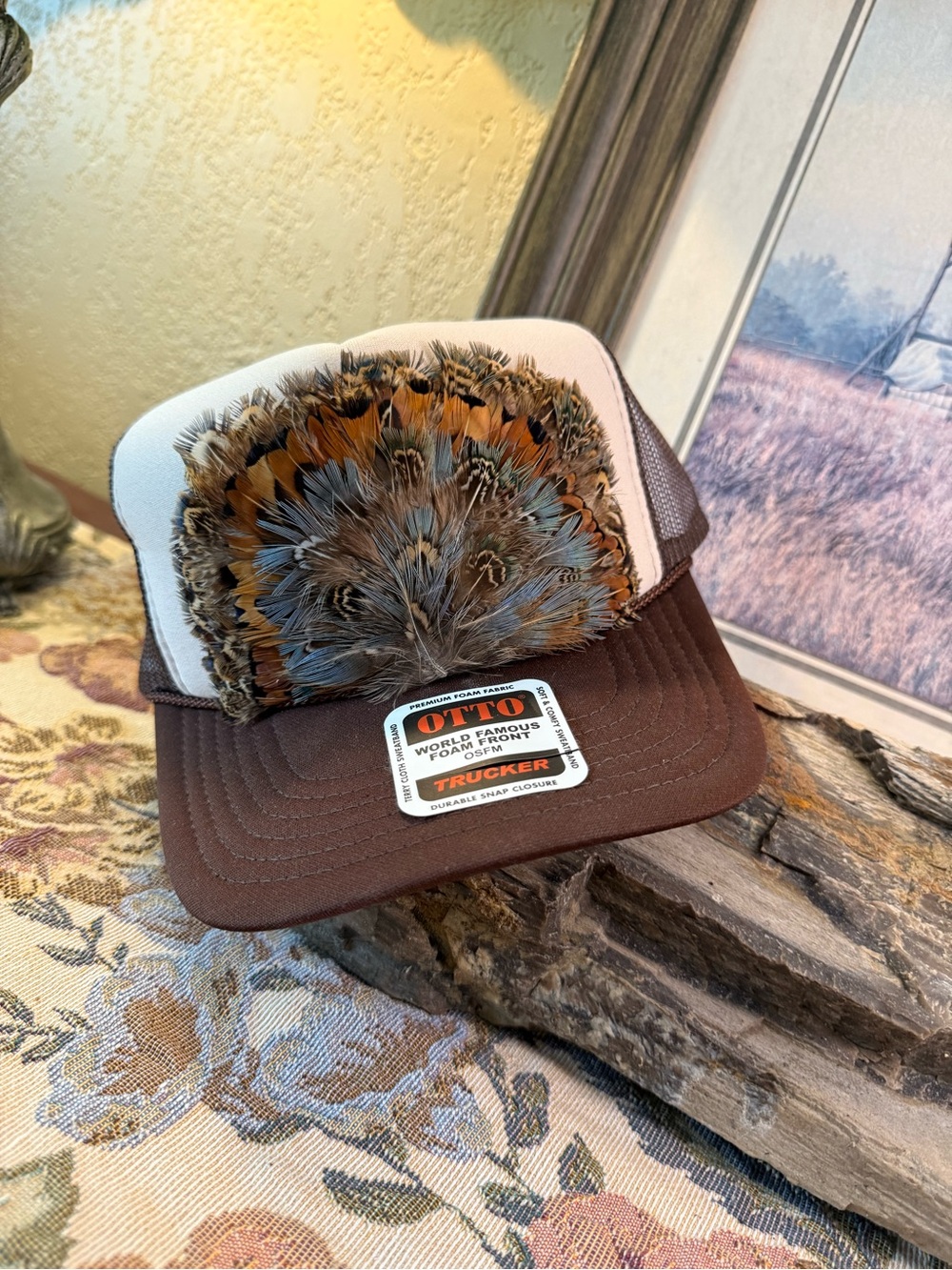 OTTO Brown & White Trucker Cap with Decorative Feather Patch